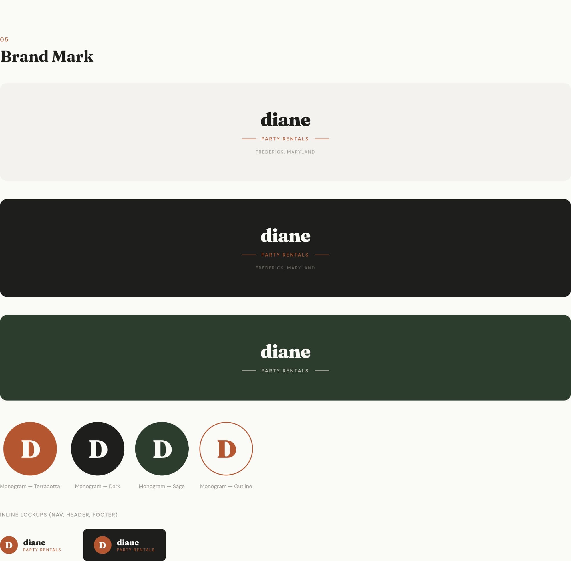 Diane brand system with light and dark wordmarks, D monograms and compact logo lockups