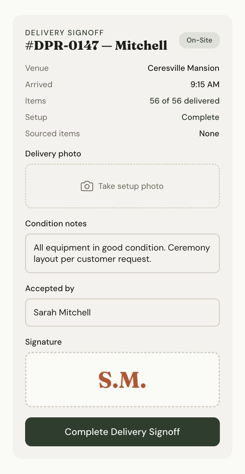 Mobile delivery signoff with delivered item count, setup photo, condition notes, recipient and signature