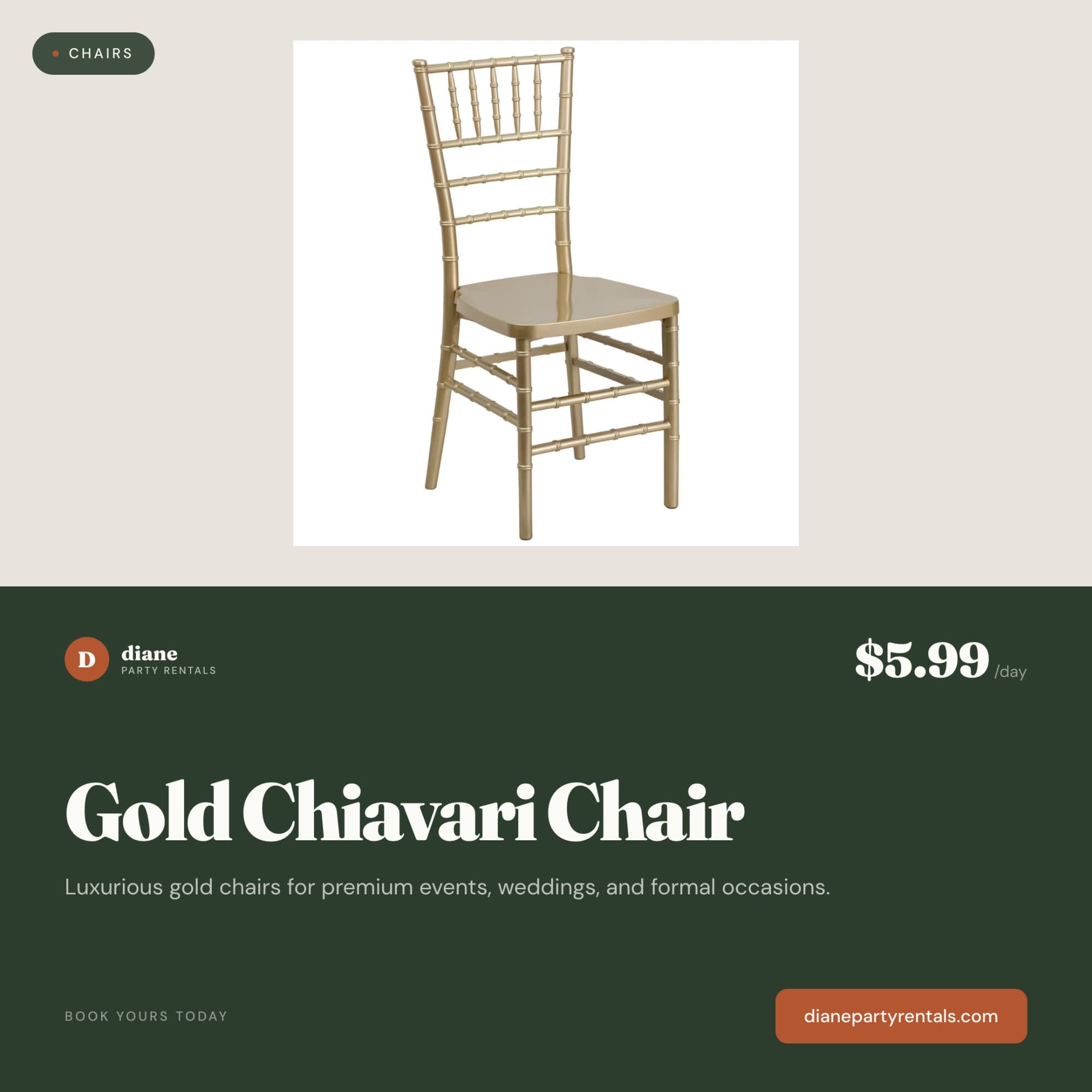 Gold Chiavari chair social asset using the Diane wordmark, equipment image and price