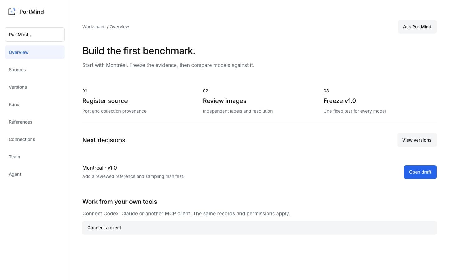 The workspace follows the preparation of a benchmark, with the next decision attached to its version.
