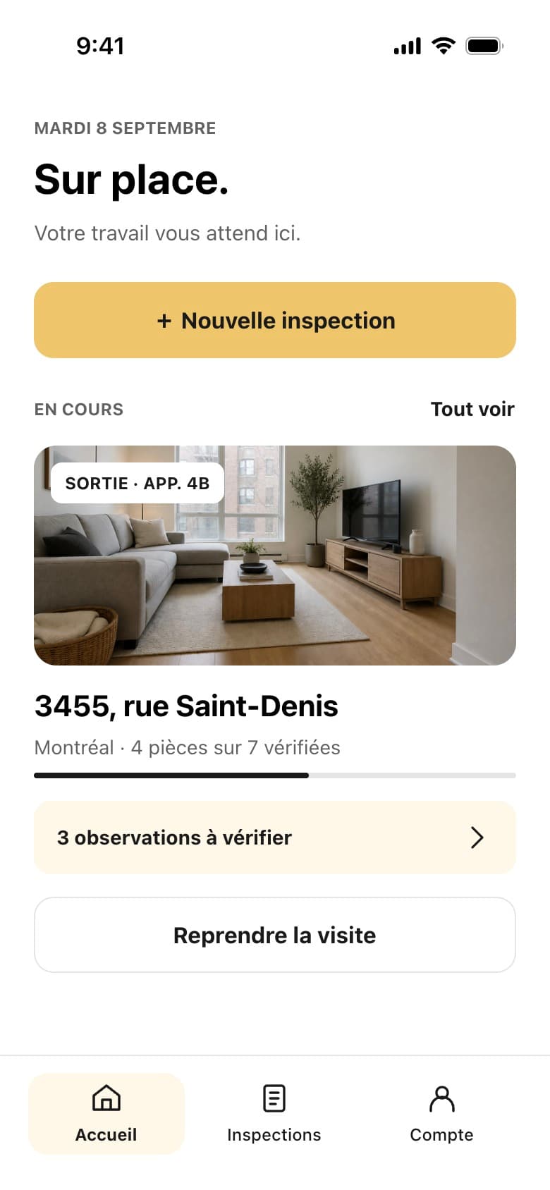 The unfinished visit stays in view, including what still needs checking.