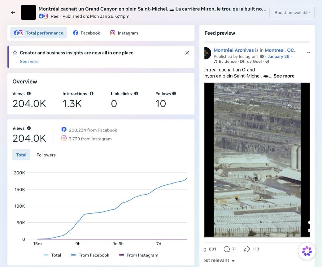 Miron quarry reel insights showing 204.0K rounded views with 200,234 from Facebook and 3,739 from Instagram, beside the reel preview.